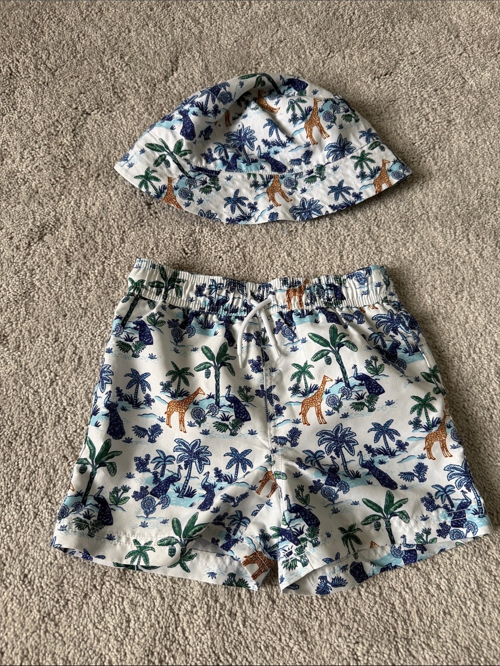 Janie and Jack White Swim Trunks with Blue, Green and Brown Safari Print
